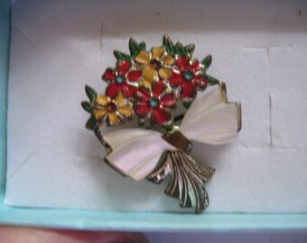Antique Victorian Tin Pin Flower Bouquet with Mother of Pearl Bow