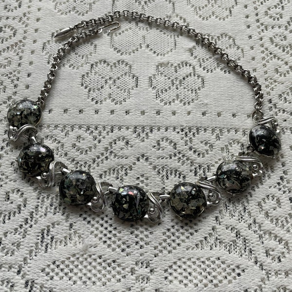 Vintage Black Confetti Lucite Link Choker in Silver Tone Metal with Fishhook Clasp