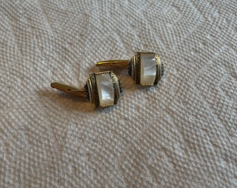 Spanish Damascene Gold Tone Cuff Links with Lucite Insert. Mid Century