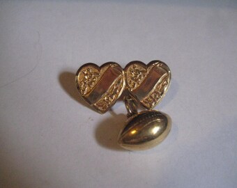 1940s Double Heart Pin with Football Charm Dangle In Gold Tone Metal Mint Condition