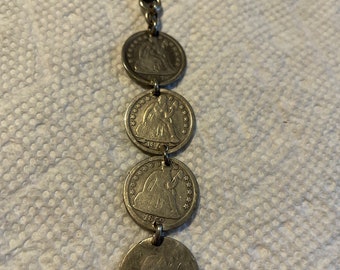 Antique 1850s Sitting Liberty Love Token Watch Fob with Clip and 4 Sitting Liberty Coins