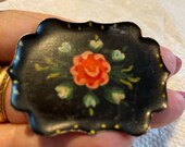 Toleware Hand Painted Rose Black Tin Pin