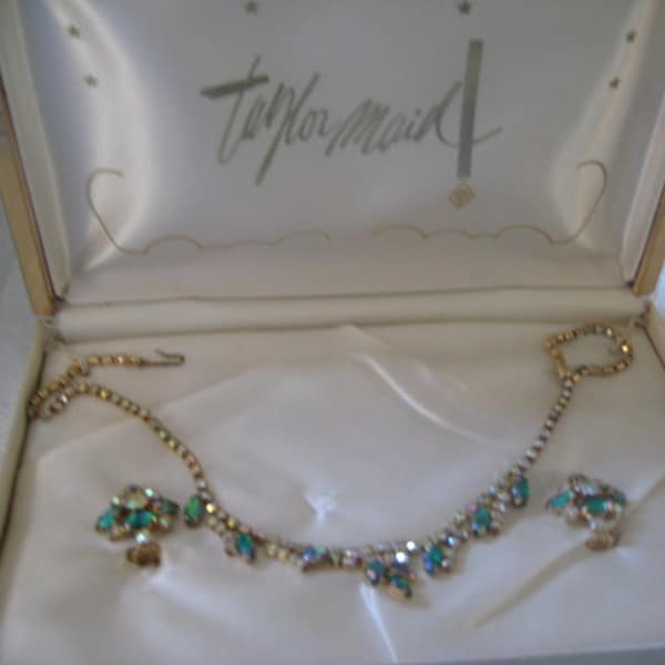 Vintage Taylor Maid Emerald AB cand Crystal AB Demi of Choker and Clip On Earrings in Original Blue Velvet Box