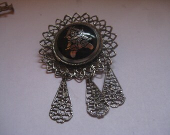 Unusual Vintage Silver Tone Filigree Brooch with Filigree Dangles in Shape of Pear