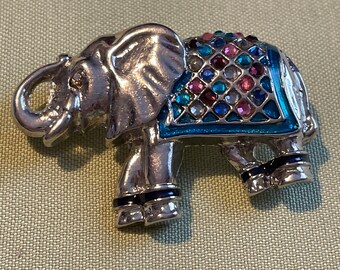 Silver Tone Elephant Pin with Rhinestones on Blanket