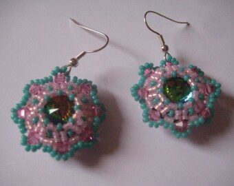 Watermelon Rivoli Pink and Turquoise Pierced Wire  Earrings by Margaret Ellison