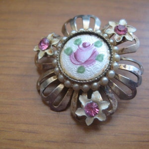 50s Guilloche Rose Enamel Filigree Pin with Enamel Flowers and Rhinestone Centers