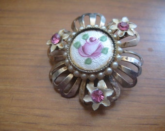 50s Guilloche Rose Enamel Filigree Pin with Enamel Flowers and Rhinestone Centers