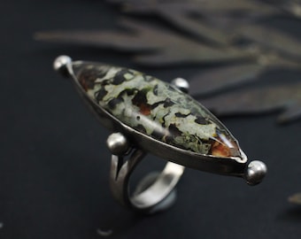 Lichen Marquise Ring - made-to-order - Handmade Sterling Silver and Marquis Lichen Ring