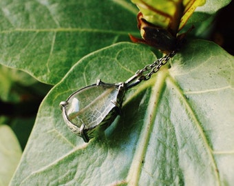 SMALL Leaf Skeleton Looking Glass Pendant  |||  Real Glass Pressed Leaf Oval Necklace