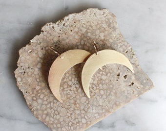 LG Crescent Drop Earrings ||| lightweight brass satin finish moon earring MADE to ORDER