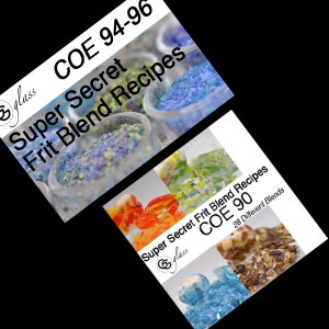 May include: Two images of glass frit blend recipes. The top image shows a variety of glass frit blends in small jars, labeled "COE 94-96 Super Secret Frit Blend Recipes". The bottom image shows four different glass frit blends in a collage, labeled "COE 90 Super Secret Frit Blend Recipes 28 Different Blends".