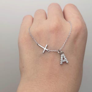 Personalized Initial Tiny silver Cross Bracelet, Silver Dainty Cross Bracelet, Birthday Gift, Religious Bracelet, Gift For Mom, Gift for Her