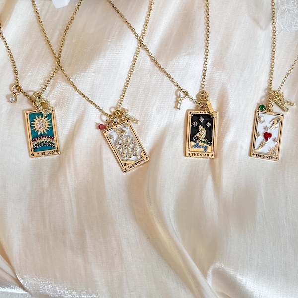 Mystic Astrology Necklace,Tarot Necklace with Birthstone,Sun,Lover,Star,Moon,Magician Enamel Pendant,Tarot Deck Necklace, Astrology Necklace