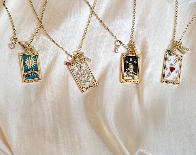 Mystic Astrology Necklace,Tarot Necklace with Birthstone,Sun,Lover,Star,Moon,Magician Enamel Pendant,Tarot Deck Necklace, Astrology Necklace