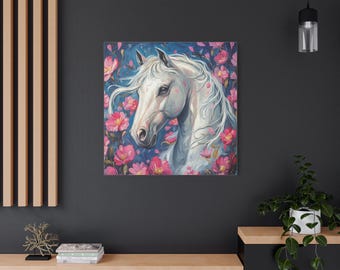Lienzo decorativo floral con caballo blanco, estilo rústico