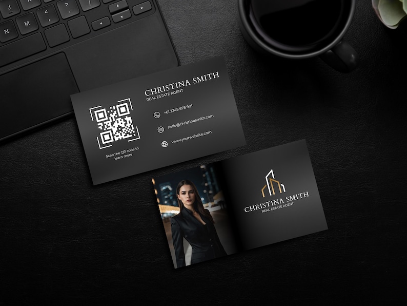 May include: Black and white business card with a QR code, contact information, and the text "CHRISTINA SMITH REAL ESTATE AGENT". The card also features a photo of a woman with dark hair and a black jacket.