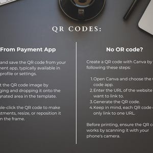 May include: A graphic design guide with instructions on how to add QR codes to a design. The guide explains how to add a QR code from a payment app or create a QR code using Canva.