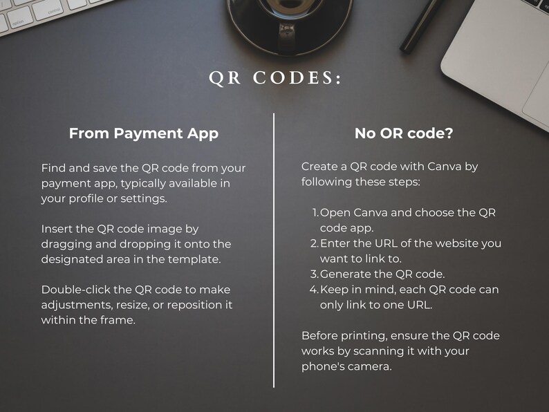 May include: A graphic design guide with instructions on how to add QR codes to a design. The guide explains how to add a QR code from a payment app or create a QR code using Canva.