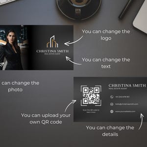 May include: A black and white business card with a QR code, the text "CHRISTINA SMITH REAL ESTATE AGENT", a phone number, email address, and website address. The text "Scan the QR code to learn more" is below the QR code.