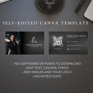 May include: A black and white business card template with a QR code, text that says "Christina Smith Real Estate Agent", and a building logo. The template is customizable with text, colors, fonts, images, and logos. The text also says "Self-Edited Canva Template" and "No software or fonts to download. Edit text, colors, fonts. Add images and your logo. Unlimited edits."