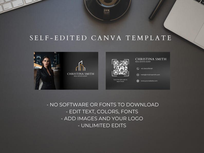 May include: A black and white business card template with a QR code, text that says "Christina Smith Real Estate Agent", and a building logo. The template is customizable with text, colors, fonts, images, and logos. The text also says "Self-Edited Canva Template" and "No software or fonts to download. Edit text, colors, fonts. Add images and your logo. Unlimited edits."
