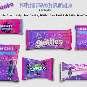 May include: A set of printable party favor bag templates for a karaoke themed party. The templates feature a purple and pink background with a karaoke microphone, music notes, and the text "Cee Cee's Karaoke Party". The templates are designed for Rice Krispies treats, chips, fruit snacks, Skittles, Sour Patch Kids, and mini Oreos.
