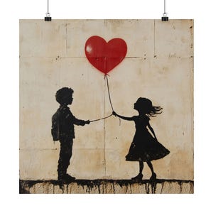 Banksy Style Street Art Poster: Boy and Girl with Red Balloon