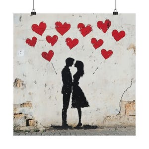 Banksy Style Love Print: Urban Graffiti Art with Red Hearts