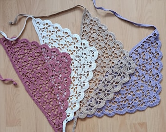 Häkel Kopftuch/Handgemachtes Bandana/Boho Dreiecktuch für Haare/100% Baumwolle/Cottage Headscarf