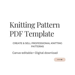 Puede incluir: Un gráfico blanco con el texto "Knitting Pattern PDF Template" en negrita, fuente serif. Debajo, se lee "CREATE & SELL PROFESSIONAL KNITTING PATTERNS" y "Canva-editable • Digital download."