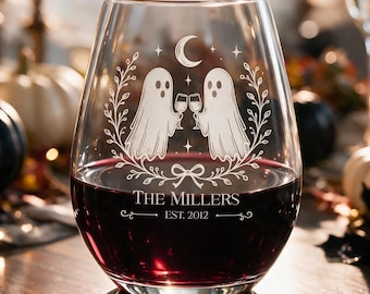 Personalized Halloween Stemless Wine Glass Set | Engraved Wine Glass | Custom Family Name Halloween Gift | Spooky Fall Home Decor