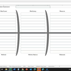 Puede incluir: Un diagrama de Ishikawa gris, también conocido como diagrama de espina de pescado, mostrado en una pantalla de ordenador. El diagrama se utiliza para el análisis de causa y efecto, con secciones etiquetadas como Manpower, Machinery, Measure, Method, Mother Nature y Materials.