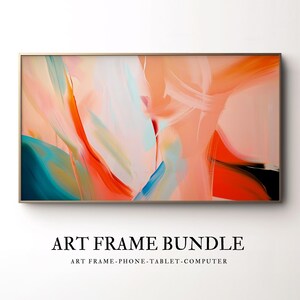 Puede incluir: Impresión artística abstracta en un marco dorado. La obra de arte presenta una mezcla de colores, incluyendo coral, verde azulado y naranja, con patrones similares a pinceladas. El texto "ART FRAME BUNDLE" se muestra debajo.