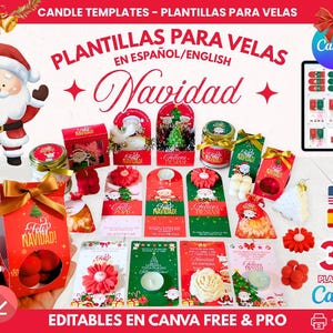 Peut inclure: Présentation de modèles de bougies sur le thème de Noël. L'image présente divers modèles de bougies, des coffrets cadeaux et des éléments décoratifs, avec le mot "Navidad" en évidence. Les modèles sont modifiables dans Canva.