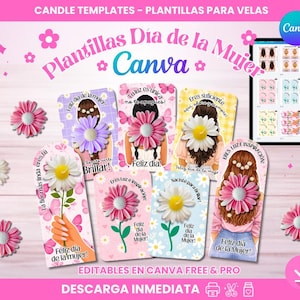 Peut inclure: Ensemble de modèles Canva colorés pour la conception de bougies, avec des illustrations de femmes avec des accents floraux. Les modèles sont en espagnol et incluent du texte tel que "Feliz Día de la Mujer!" et "Brillar!" Une tablette avec des exemples de conception est également visible.