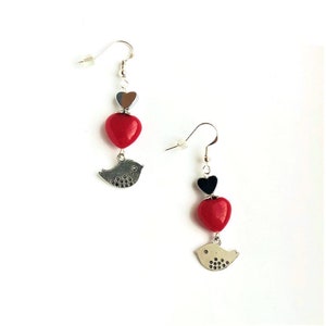 Cute Bird Sterling Silver Earrings Red Jade Heart Earrings Silver Hematite Heart Earrings Silver Bird Earrings Gift for Her by enchantedbeas