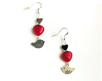 Cute Bird Sterling Silver Earrings Red Jade Heart Earrings Silver Hematite Heart Earrings Silver Bird Earrings Gift for Her by enchantedbeas