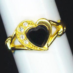 Vintage Onyx Golden Ring, Halloween Heart Ring, Black Onyx Heart Cubic Zirconia Ring, Valentines day Ring, Romantic Story Ring Gift for Her