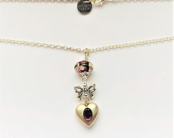 Silver plated Heart Pendant Purple Rhinestone Antiqued Bow Lampwork Necklace Love Valentines Gift Mother's Day Gift for Her by enchantedbeas