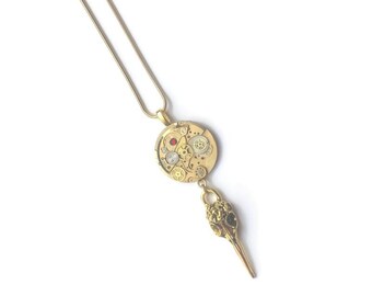 Vintage Realistic Steampunk Golden Pendant, Red Purple Rhinestone, GP Vintage Watch Mechanics, Victorian Bird Skull, Save the Birds Necklace
