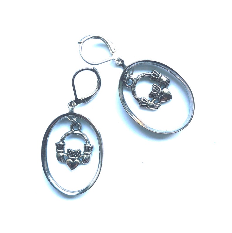 Irish Claddagh Silver Plated Oval Earrings SP Leverback Crown Hand Heart Love Friendship Fidelity Romance Earrings for Her by enchantedbeas image 1