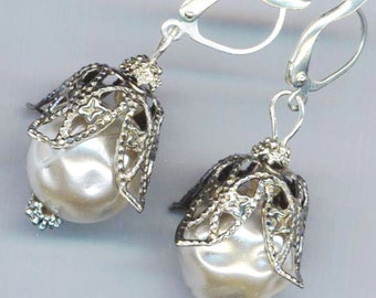 Large Pearl Earrings Vintage Filigree Petal Earrings Bridesmaid Flower Jewelry Silver Plated Botanical Earrings for Mother by enchantedbeas