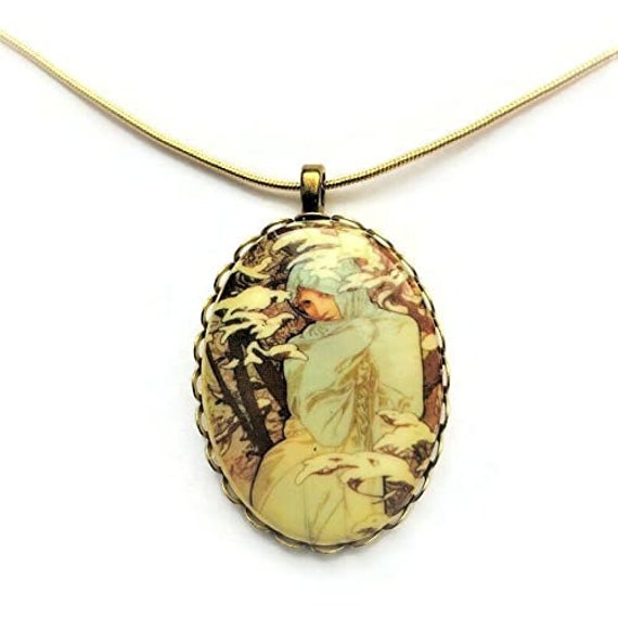 Cameo Oval Pendant/or Brooch, Victorian Winter Lady Four Seasons Alphonse Mucha Golden Brass Filigree Frame View 2