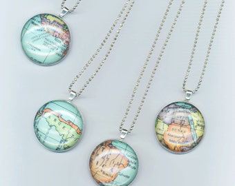 Vintage World Map Necklace Pendant  Argentina Egypt Ivory Coast Domed Glass Cabochon Map Traveler Charm Imaginary Journey by enchantedbeas