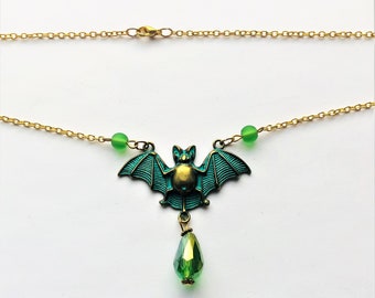 Halloween Bat Pendant Bronze & Green Patina Metal Creature Glass Green Briolette Gold Plated Fine Chain Gothic Unique Gift by enchantedbeas