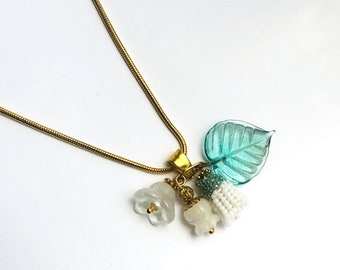 Beadwoven Lily of the Valley Necklace Mother of Pearl White Lily Charm Floral Pendant Gift, Gold Filled Snake Chain, light Green Glass Leaf