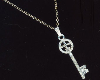 Silver Plated Rhinestone Fleur de Lys Skeleton Key Pendant Lilly Flower Key to Her Heart Pendant Valentine's Day Necklace by enchantedbeas