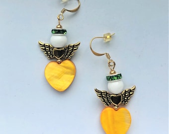 Angel Earrings Yellow Mother of Pearl Heart Earrings Christmas Easter Communion Angel Gold Pl. Earrings for Mother Daughter by enchantedbeas
