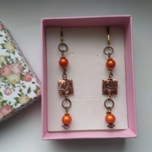 Miracle Beads& Copper Pierced Earrings Long Dangle Earring Brass Leverback Earrings Shiny Orange Miracle bead Cute Earrings by enchantedbeas image 2